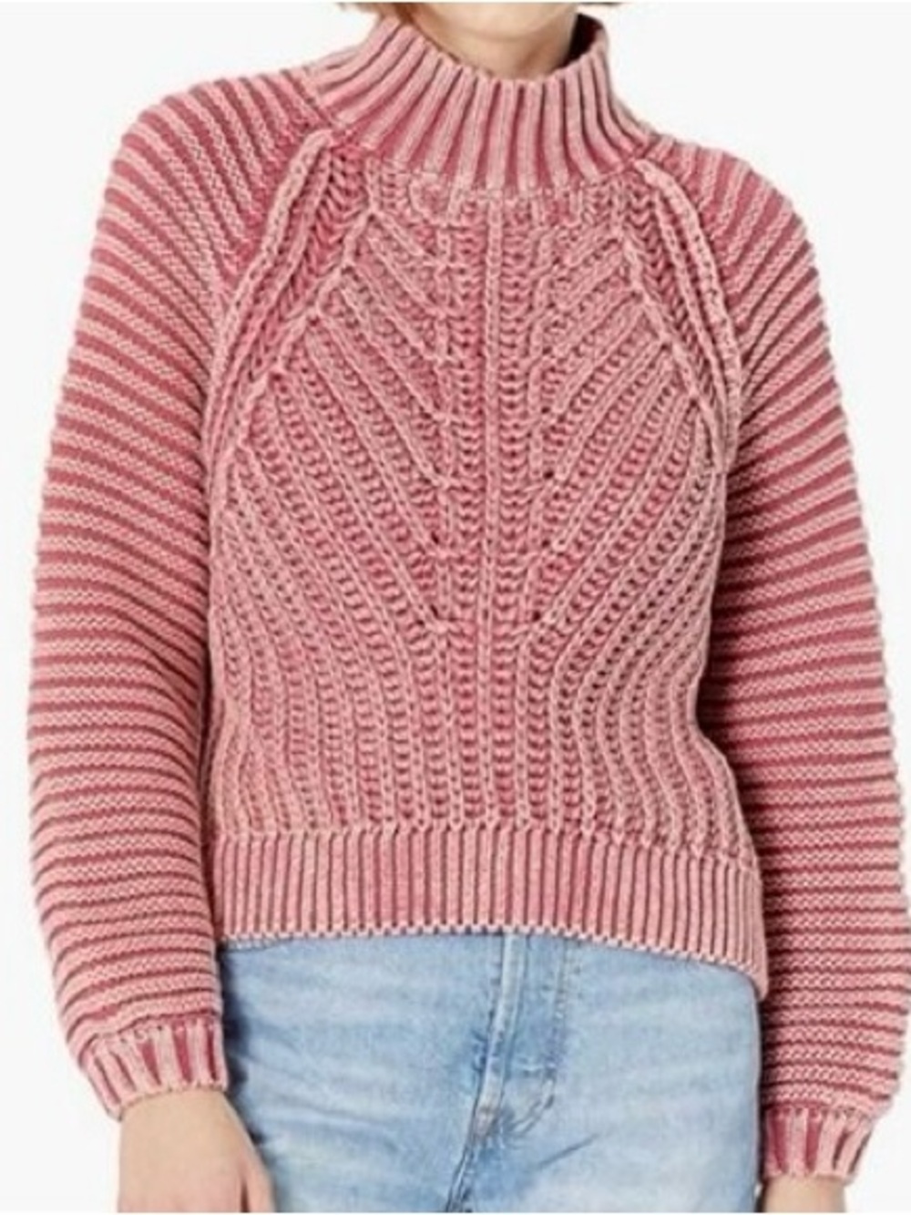 Free People Rose Pink Sweetheart Sweater Cable Knit Turtleneck Size Large